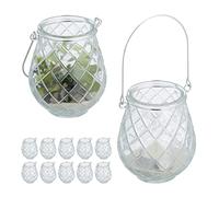 Relaxdays Vasetti Portacandele, Set 12 Vasi in Vetro Ampolle con Manico Indoor Outdoor HxD 10x8,5cm, Trasparente Argento, Cotone, 56 x 35 x 35 cm