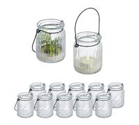 Relaxdays Vasetti Portacandele, Set 12, Vasi in Vetro, Ampolle con Manico, Indoor Outdoor HxD 9,5x8 cm, Trasparente Nero
