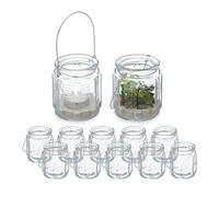 Relaxdays Vasetti Portacandele, Set 12, Vasi Vetro, Bicchieri Manico, Indoor Outdoor HxD 9x8,5 cm, Trasparente Argentato, Legno