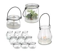 Relaxdays Vasetti Portacandele, Set da 12, Vasi in Vetro, Bicchieri in 3 Forme, Lanterne con Manico Nero, Trasparente, bambù