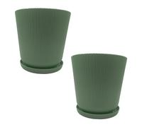 Relaxdays Vaso da fiori, Set da 2, con sottovaso, righe, 20 x 20 cm, plastica, salvia