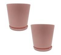 Relaxdays Vaso da Fiori, Set da 2, Vaso con sottovaso, Righe, H x D: 20 x 20 cm, Vaso per Piante, plastica, Rosa Antico