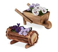 Relaxdays Vasi in Legno, Set 2 Contenitori Carriola & Mezza Botte Portafiori, Rustico, Fioriera Giardinaggio, Naturale
