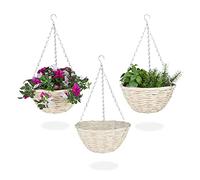 Relaxdays Vasi Sospesi per Piante, Set 3 Portavasi in Rattan con Rivestimento, Fatti a Mano, HxD: 12 x 25 cm, Naturale