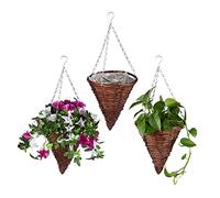 Relaxdays Vasi Sospesi per Piante, Set 3 Portavasi in Vimini con Rivestimento, Fatti a Mano, HxD: 30 x 25 cm, Marrone