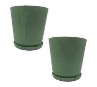 Relaxdays Vaso da fiori, Set da 2, con sottovaso, righe, 20 x 20 cm, plastica, salvia