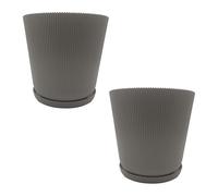 Relaxdays Vaso da Fiori, Set da 2, Vaso con sottovaso, Righe, H x D: 20 x 20 cm, plastica, Grigio Chiaro