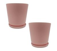 Relaxdays Vaso da Fiori, Set da 2, Vaso con sottovaso, Righe, H x D: 20 x 20 cm, Vaso per Piante, plastica, Rosa Antico
