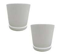 Relaxdays Vaso da Fiori, Set da 2, Vaso con sottovaso, Righe, H x D: 20 x 20 cm, Vaso per Piante, plastica, Bianco