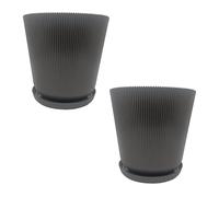 Relaxdays Vaso da Fiori, Set da 2, Vaso con sottovaso, Righe, HxD: 20 x 20 cm, Vaso per Piante, plastica, Grigio Scuro
