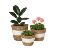 Relaxdays Vaso da Fiori, Set da 3, giunco, vasi con Fodera, 3 Dimensioni, Stile Boho, coprivaso Rotondi, Bianco/Marrone