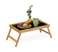 Relaxdays Vassoio Colazione a Letto, Tavolino bambù, Gambe Richiudibili Bordo Rialzato 23 x 61,5 x 31 cm, Marrone Nero, Fibra di Legno