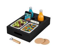 Relaxdays Vassoio da Divano, Couch Bar, Ciotole Acciaio, Snack, Porta Bevande e Calici, Sottobicchieri, bambù, Nero