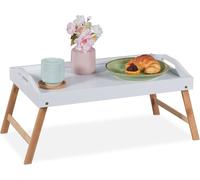 Relaxdays Vassoio Pieghevole, per la Colazione a Letto, Gambe Richiudibili, Bordo Rialzato, 24x55,5x30 cm, Bianco Natura, bambù