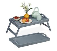Relaxdays Vassoio per Colazione a Letto, Set da 2, Tavolino con Gambe Richiudibili, bambù HLP: 24 x 60 x 30 cm, Grigio