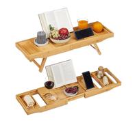 relaxdays Bath Caddy bambù, Mensola Vasca & Vassoio 2 in 1, Reggilibri, Porta Bicchieri, Regolabile 74,5-114 cm, Legno, Poliestere, 18 x 114 x 25 cm