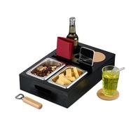 Relaxdays Vassoio per servire Cibo Divano, bambù, Ciotole in Acciaio Inox Snack e Bevande, sottobicchieri, Nero, Inossidabile, Sughero, 8 x 40 x 26 cm