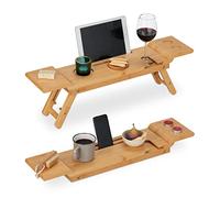 Relaxdays Vassoio per Vasca da Bagno, in bambù, Larghezza 70 cm, Mensola per Bicchieri, Cellulare e Tablet, Naturale