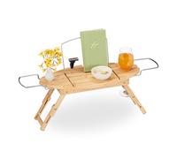 Relaxdays Vassoio per Vasca da Bagno, in bambù, Regolabile 69-90 cm, con Leggio e Gambe Pieghevoli, Mensola, Naturale