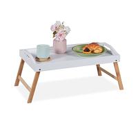 Relaxdays Vassoio Pieghevole, per la Colazione a Letto, Gambe Richiudibili, Bordo Rialzato, 24x55,5x30 cm, Bianco Natura, bambù