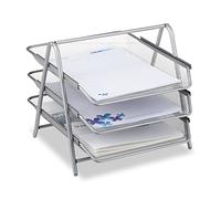 Relaxdays Vassoio portadocumenti in metallo, vassoio porta lettere a 3 scomparti, vassoio da scrivania con design a rete per documenti A4, argento, 35,5 x 29,5 x 27 cm