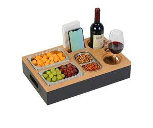 Relaxdays Vassoio Portavivande in bambù - 3 ciotole per snack, porta, nero | Bottiglie, supporto cellulare, tavolino da divano