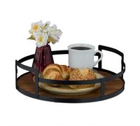 Relaxdays Vassoio da Portata in Legno con Manici e Bordo in Ferro, Piatto Servizio Rotondo HxD 8,5x30,5 cm, Marrone Nero