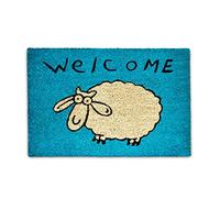 Relaxdays Zerbino in Fibra di Cocco, Blu | Tappetino da Ingresso con Pecora e Scritta Welcome, 40 x 60 cm, Antiscivolo