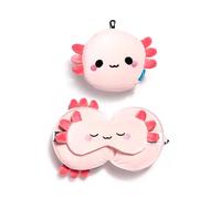 Relaxeazzz Cuscino da Viaggio con Maschera per Occhi 2 in 1 - Maddie l'Axolotl - Appendible e Richiudibile