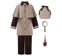 ReliBeauty Costume da Detective Sherlock Carnevale con Cappello, Pipa Fumogena, Papillon, Lente di ingrandimento 4-5 Anni(100cm)