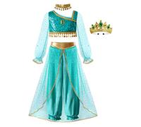 ReliBeauty Costume da Principessa Bambina Vestito Arabo Maniche Lunghe con Corona e Collana Compleanno Carnevale,140