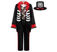 ReliBeauty Costume Scheletro Bambino Vestito Mariachi Catrin Messicano con Papillon e Cappello Dia de los Muertos Halloween, 130