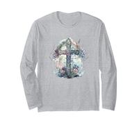 Religious Faith Hope And Love Christian Cross with Flowers Maglia a Manica