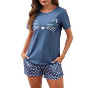 Reliwel Pigiama Cotone Donna Estivo Corto Pigiama Cotone Donna Manica Corta Pigiama Donna con Gatti Girocollo Pijama Casual e Confortevole Set da Notte Casa e Pantaloncini con Tasche