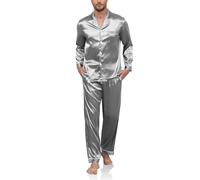 Reliwel Pigiama da Uomo in Raso Pigiama Uomo a Maniche Lunghe con Bottoni Set Pigiami Due Pezzi Classic Aperto Davanti Pigiami con Tasche e Pantaloni Lunghi Morbido
