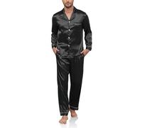 Reliwel Pigiama da Uomo in Raso Pigiama Uomo a Maniche Lunghe con Bottoni Set Pigiami Due Pezzi Classic Aperto Davanti Pigiami con Tasche e Pantaloni Lunghi Morbido