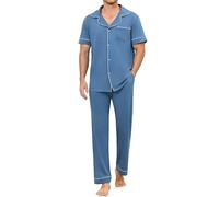 Reliwel Pigiama da uomo Set pigiama a maniche corte a gamba lunga Set pigiama da uomo a maniche corte con bottoni Set di pigiama da uomo in cotone con colletto a maniche corte pantaloni lunghi pigiama