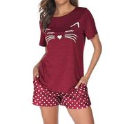 Reliwel Pigiama Donna Cotone Leggero Estivo Pigiama da Donna con Girocollo Stampa Maniche Corte e Pantaloncini Due Pezzi con Tasche Casual da Casa Confortevole Morbido
