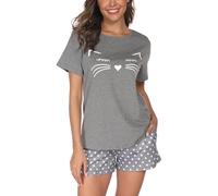 Reliwel Pigiama Donna Cotone Leggero Estivo Pigiama da Donna con Girocollo Stampa Maniche Corte e Pantaloncini Due Pezzi con Tasche Casual da Casa Confortevole Morbido
