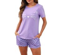 Reliwel Pigiama Donna Cotone Leggero Estivo Pigiama da Donna con Girocollo Stampa Maniche Corte e Pantaloncini Due Pezzi con Tasche Casual da Casa Confortevole Morbido