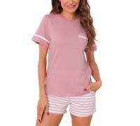 Reliwel Pigiama Donna Cotone Leggero Estivo Pigiama da Donna con Girocollo Stampa Maniche Corte e Pantaloncini Due Pezzi con Tasche Casual da Casa Confortevole Morbido