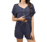 Reliwel Pigiama Donna Cotone Leggero Pigiama Donna Estivo Set Scollo a V Maglietta Maniche Corte con Bottoni e Pantaloncini Indumenti da Notte Stampa Floreale