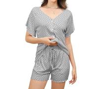 Reliwel Pigiama Donna Cotone Leggero Pigiama Donna Estivo Set Scollo a V Maglietta Maniche Corte con Bottoni e Pantaloncini Indumenti da Notte Stampa Floreale