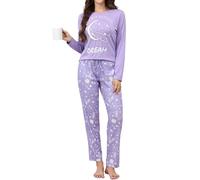 Reliwel Pigiama Donna Cotone Lungo Pigiama da Donna Set Pigiama Donna con Stampe Rotondo a Maniche Lunghe e Pantaloni Due Pezzi Morbido Confortevole