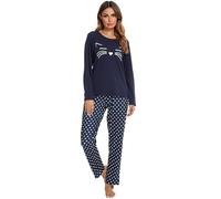 Reliwel Pigiama Donna Cotone Lungo Pigiami da Donna Leggero Set Gatto Girocollo Maniche Lunghe e Pantaloni Morbido Due Pezzi