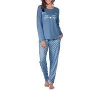 Reliwel Pigiama Donna Cotone Lungo Pigiami da Donna Leggero Set Pigiama Donna Gatto Girocollo Maniche Lunghe e Pantaloni Morbido Due Pezzi Casa Casual con Tasche