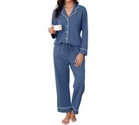 Reliwel Pigiama Donna Cotone Pigiama da Donna Invernale Set Pigiama Camicia a Maniche Lunghe con Bottoni e Pantaloni Pigiama da Casa Due Pezzi Morbidissimo Comodo