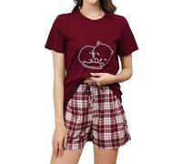 Reliwel Pigiama Donna Estivo Pantaloncini Donna Estivi Pigiama Corto Girocollo a Maniche Corte Stampa Due Pezzi Gatto Ciglio Casuale a Casa Confortevole