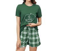 Reliwel Pigiama Donna Estivo Pantaloncini Donna Estivi Pigiama Corto Girocollo a Maniche Corte Stampa Due Pezzi Gatto Ciglio Casuale a Casa Confortevole