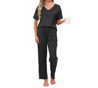 Reliwel Pigiama Donna Estivo Pigiama Corto Donna in Seta a Manica Corta Scollo V Pigiami Due Pezzi Camicia da Notte Morbido Comodo